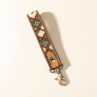 Moonflower Hand-Tooled Hairon Leather Key Fob in Sienna Sky
