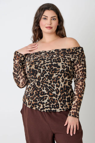 Plus Size Leopard Print Off-the-Shoulder Blouse