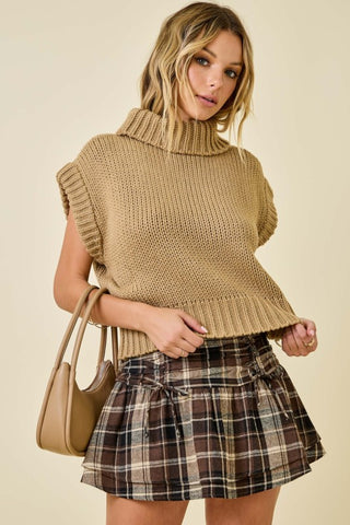 Sleeveless Cropped Turtleneck Knit Sweater Top