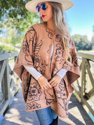 Camel Elegant Floral Print Cape Shawl Ruana Cardigan