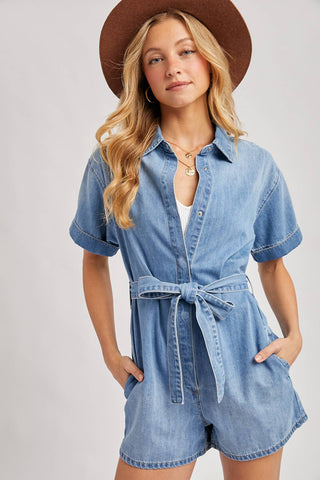Desert Poppy Denim Belted Shirt Romper