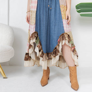 Western Boho Chic Patchwork Midi Skirt
