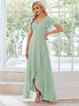 V Neck High Low Ruffles Chiffon Bridesmaid Dress