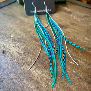 Mini Feather Earrings - Green & Turquoise Grizzly / Silver