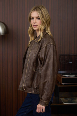 Collared Zip-Up Washed Faux Leather Jacket – Boutique Edge Meets Everyday Cool