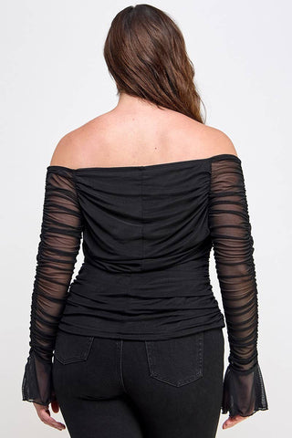 Plus Size Over the Shoulder Ruched Mesh Top
