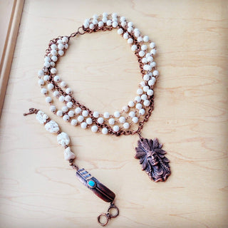 Chunky Turquoise Howlite Beaded Bracelet with Copper Feather