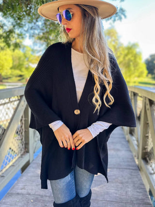 Classic Black Knit Ruana – Ribbed Cape with Button Detail