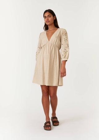 Embroidered 3/4 Sleeve V-Neck Mini Dress