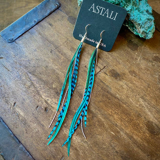Mini Feather Earrings - Green & Turquoise Grizzly / Silver