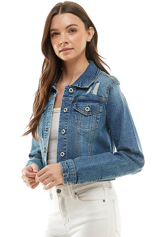 Women's Distressed Denim Jacket - 100% Cotton Classic Blue