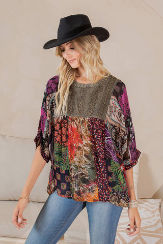 Bohemian Tiered Patchwork Blouson Top