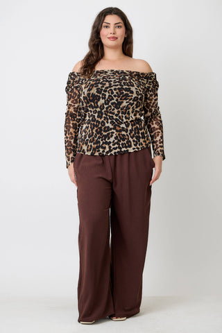 Plus Size Leopard Print Off-the-Shoulder Blouse