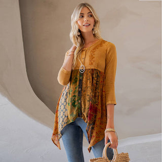 Rustic Bohemian Embroidered Top Camel Button Down Shirt