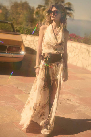 Floral-Print Chiffon Tie-Waist Maxi Skort