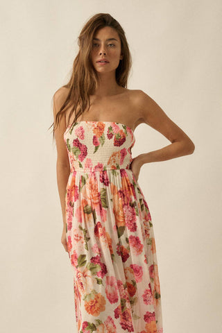 Floral-Print Mesh Smocked Strapless Maxi Dress