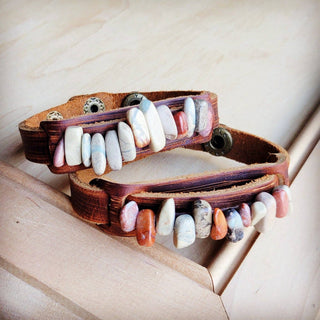 Genuine Leather Narrow Cuff with Aqua Terra Stones