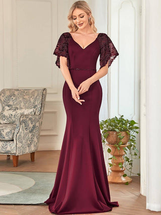 Maxi V Neck Party Dress with Flare Sleeves