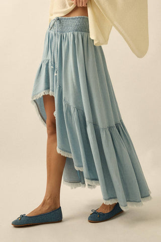 Tencel Denim High-Low Ruffle Maxi Skirt