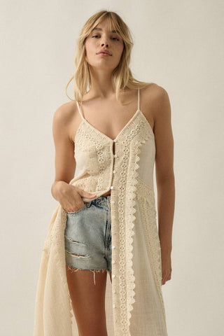 Cotton Gauze Lace-Trimmed Button-Front Cami Maxi Top