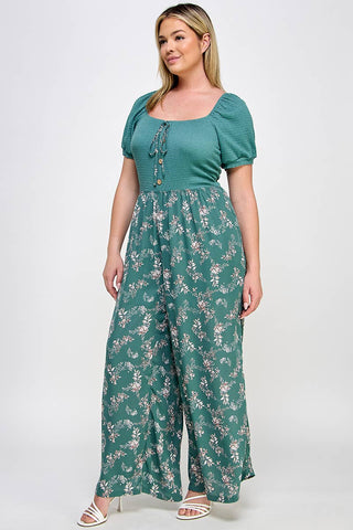 Plus Smocked Floral Print Jumpsuit