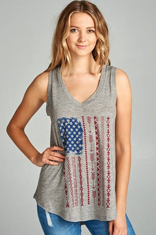 4th of July American Flag Print Flowy V-Neck Tank Top