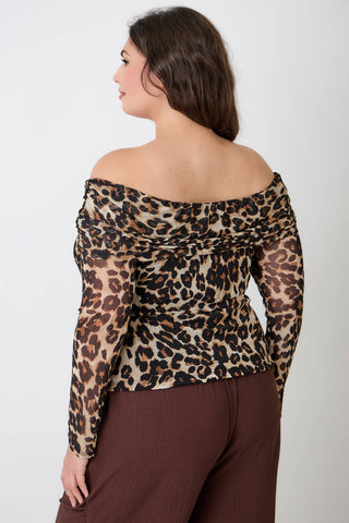 Plus Size Leopard Print Off-the-Shoulder Blouse