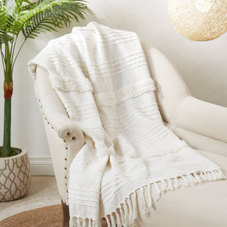 Boho Chic Tufted Throw with Tassels - White