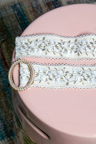 Embroidered Floral Lace Belt with Pearl Circle Buckle