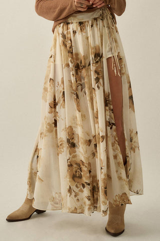 Floral-Print Chiffon Tie-Waist Maxi Skort