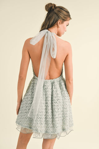 APPLIQUE MESH HALTER A- LINE MINI DRESS