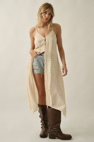 Cotton Gauze Lace-Trimmed Button-Front Cami Maxi Top