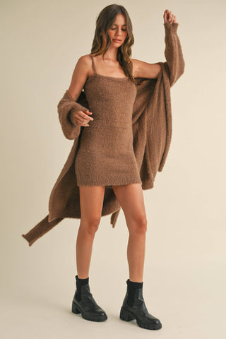 SOFT SLEEVELESS TUBE MINI DRESS AND CARDIGAN SET