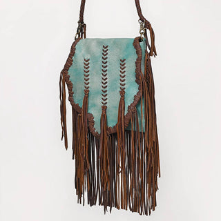 Turquoise Leather Fringe Messenger Bag with Braided Detail | Laciann Collective