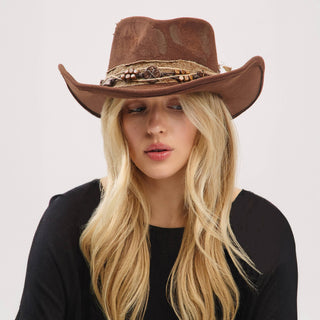 Rustic Cowgirl with Feather Fedora Hat