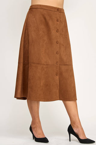 Plus Size Button-Front Faux Suede A-Line Midi Skirt