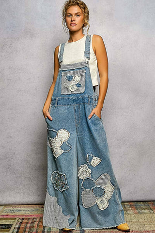 Embroidery Floral Patchwork Buckle Back Woven Denim Overalls
