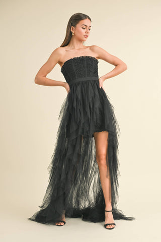 Appliqué Ruffle Tulle Gown – Black Edition