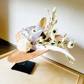 Boho Western Wedding Floral & Feather Bridal Hat in Tan