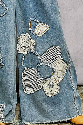Embroidery Floral Patchwork Buckle Back Woven Denim Overalls