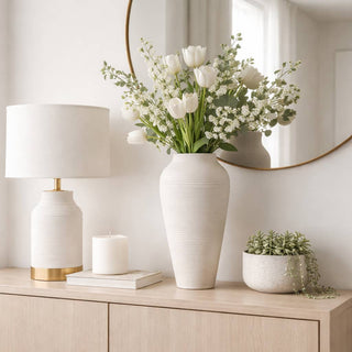 Ivory Terracotta Round Ribbed Floor Vase, 16 in.