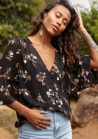 Sheer Floral Button Down Blouse