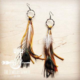 Yellow Deer Skin Leather Tassel Earrings, Peacock Feather