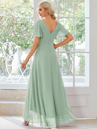 V Neck High Low Ruffles Chiffon Bridesmaid Dress