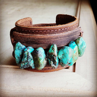 Genuine Leather Wide Cuff Bracelet w/ Large Natural Turquoise Chunks