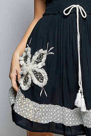 Smocked Waist Embroidered Tassel Ruffle Sleeveless Dress