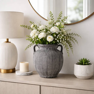 Ceramic Ribbed Texture Weathered Handle Vase – Black, 10 in.