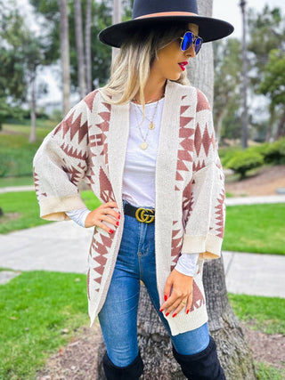 Brown Open Front Aztec Printed Knitted Cardigan
