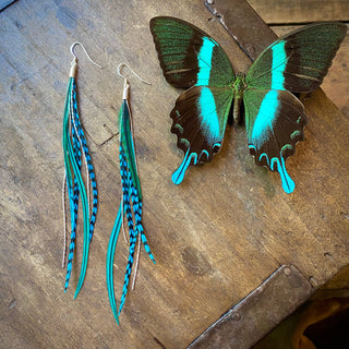 Mini Feather Earrings - Green & Turquoise Grizzly / Silver