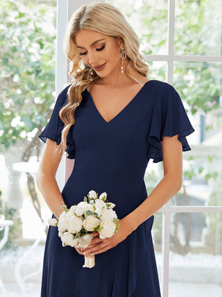 V Neck High Low Ruffles Chiffon Bridesmaid Dress